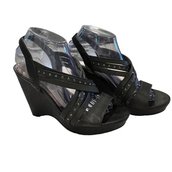 NEW Madison Black Verona Sandals Wedge Heels Slingback Studded Strappy - Picture 1 of 9